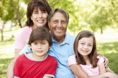 Hispanic grandparents and grandchildren outdoors clipart