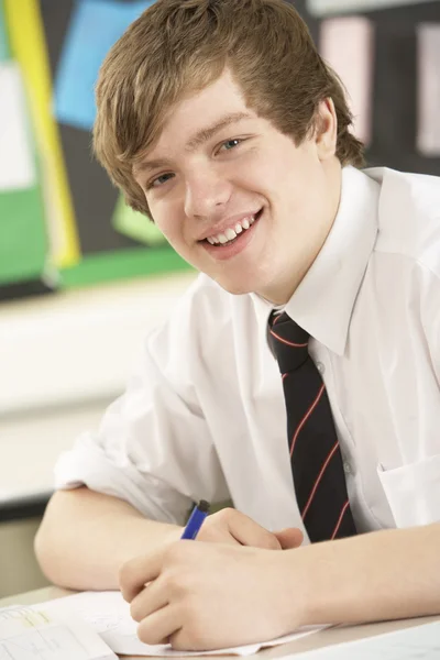 Manliga teenage student som studerar i klassrummet — Stockfoto