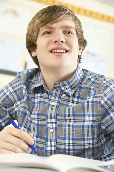 Estudiante adolescente masculino que estudia en clase —  Fotos de Stock