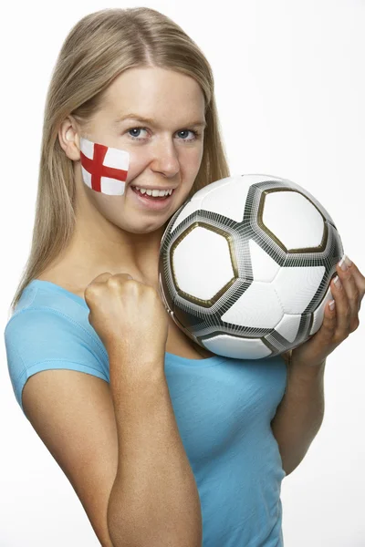 Jonge vrouwelijke sportenventilator met st georges vlag geschilderd op gezicht — Stockfoto