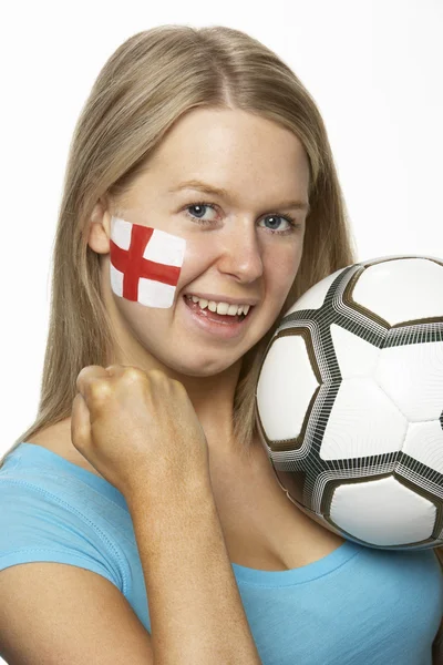 Genç bayan futbol fan ile st georges üzerine boyalı yüz bayrak. — Stok fotoğraf