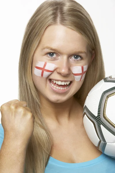 Młoda kobieta kibica z st georges bandery malowane na twarz — Zdjęcie stockowe
