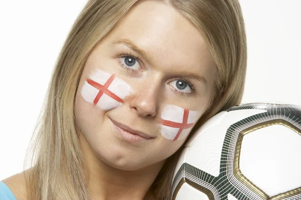Ventilador de fútbol femenino joven con bandera de St Georges pintada en la cara —  Fotos de Stock