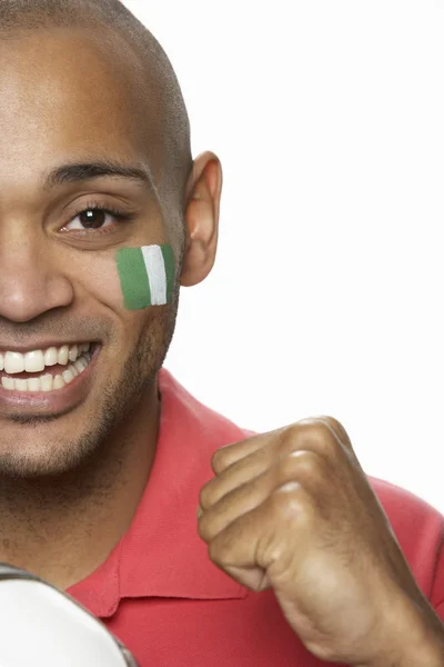 Young Male Football Fan With Nigerian Flag Painted On Face — Stock Photo, Image