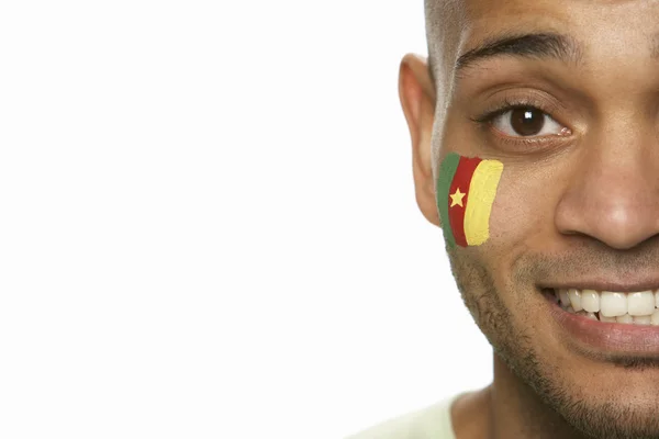 Νεαρό αρσενικό φίλαθλος με σημαία του Καμερούν ζωγραφισμένο στο πρόσωπό — Φωτογραφία Αρχείου