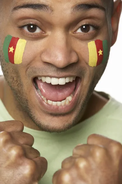 カメルーンの国旗を持つ若い男性スポーツ ・ ファンは顔に描かれました。 — ストック写真