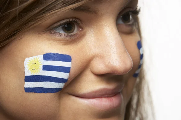 Young Female Sports Fan With Uruguayan Flag Painted On Face — Stock Photo, Image