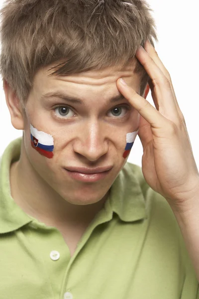 Απογοητευμένος νεαρό αρσενικό φίλαθλος με Σλοβακική σημαία Χειροποίητη o — Φωτογραφία Αρχείου