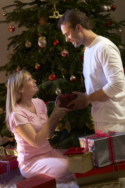 Paar tauscht Geschenke vor Baum aus — Stockfoto
