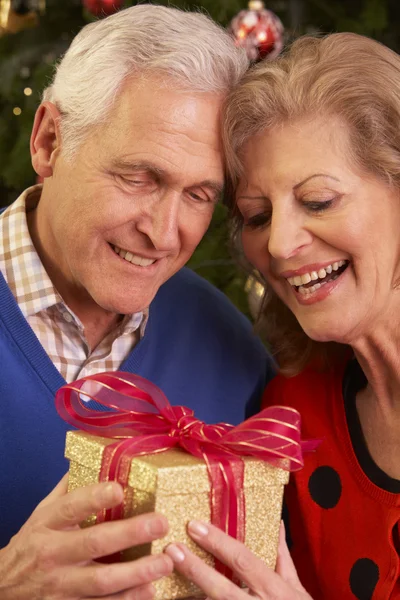 クリスマスの贈り物を交換する年配のカップル — Stock fotografie