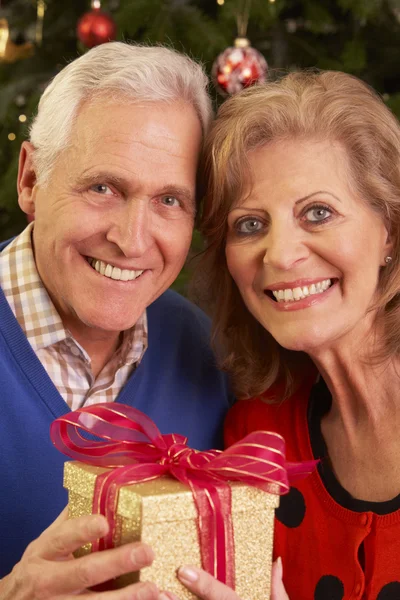 Seniorenpaar tauscht Weihnachtsgeschenke aus — Stockfoto