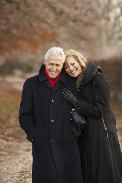 Seniorenpaar auf Winterwanderung durch frostige Landschaft — Stockfoto