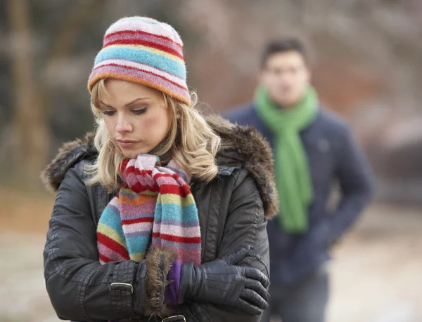 Couple On Winter Walk Through Frosty Landscape — Stock Photo, Image