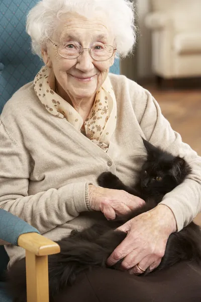 Ανώτερος γυναίκα χαλαρώνοντας σε καρέκλα στο σπίτι με γάτα κατοικίδιων ζώων — Φωτογραφία Αρχείου