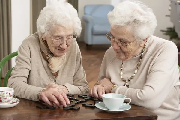 两个高级妇女在日间护理中心玩多米诺骨牌 — 图库照片