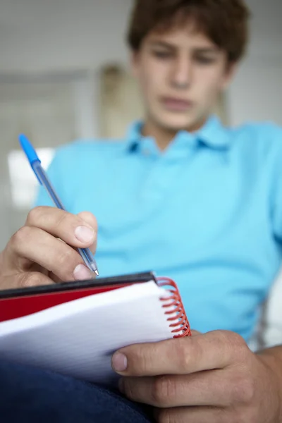 Nastoletni chłopiec pisania w notesie — Zdjęcie stockowe