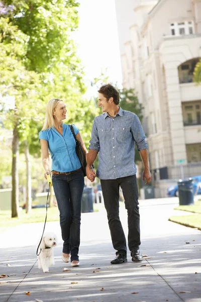 Couple walking with dog in city street — Stock Photo, Image