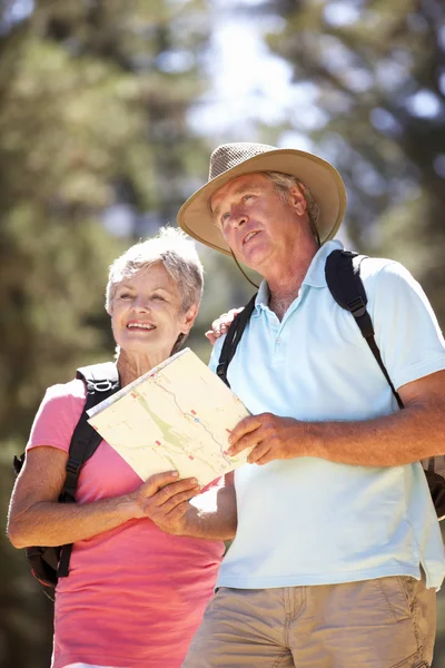 Äldre par läsa kartan på land promenad — Stockfoto