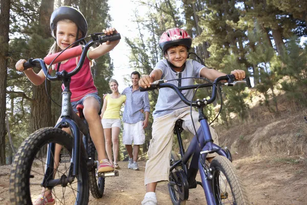 Famiglia in campagna a piedi con le bici — Foto Stock