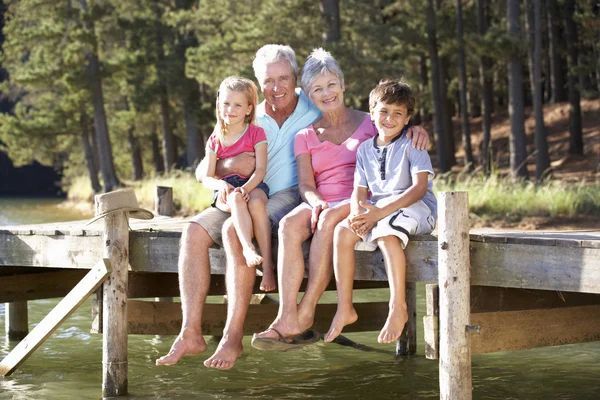 Pareja mayor sentada junto al lago con sus nietos — Foto de Stock