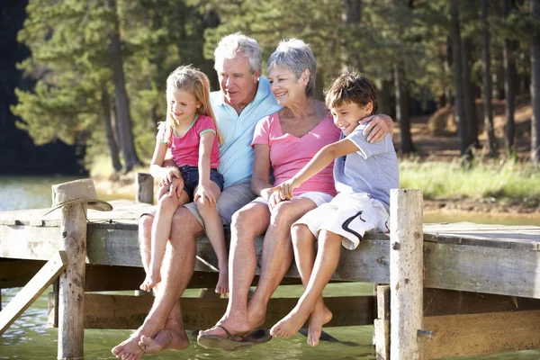 Старшая пара сидит у озера с внуками — стоковое фото