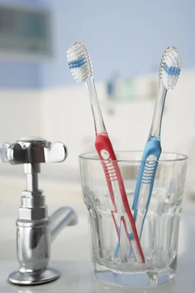 Escovas de dentes no banheiro — Fotografia de Stock