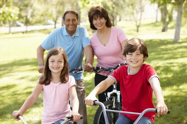 Família hispânica andar de bicicleta no parque — Fotografia de Stock