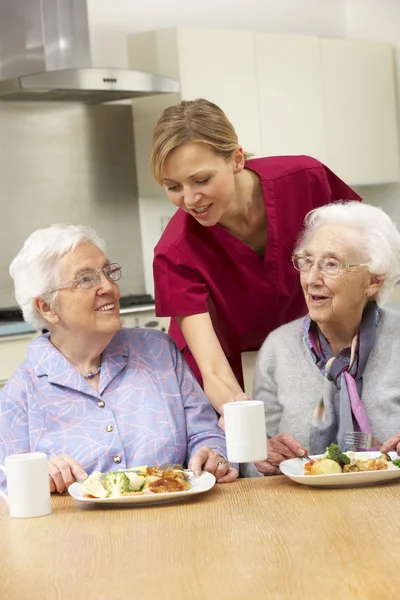 Äldre kvinnor med vårdare njuter måltid hemma — Stockfoto