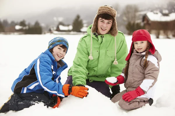 Gruppo di bambini che costruiscono pupazzo di neve che indossa cappelli di lana — Foto Stock