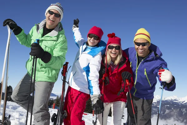中年のグループは山でスキー休日にカップルします。 — ストック写真