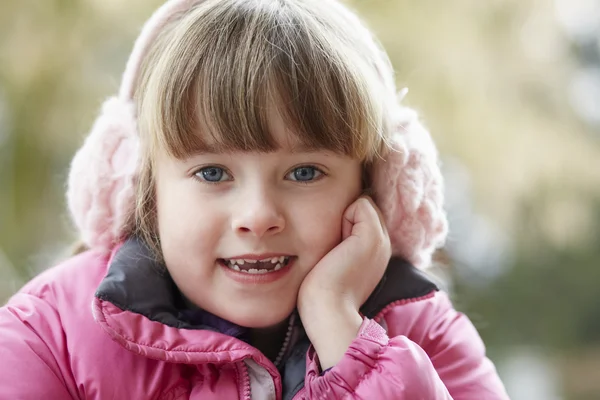 Outdoor Portrait Of Young Girl Wearing Winter Clothes And Earmuf — Stock Photo, Image