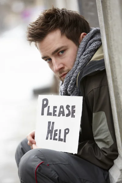 Homeless Young Man Begging In Street — Stock Photo, Image