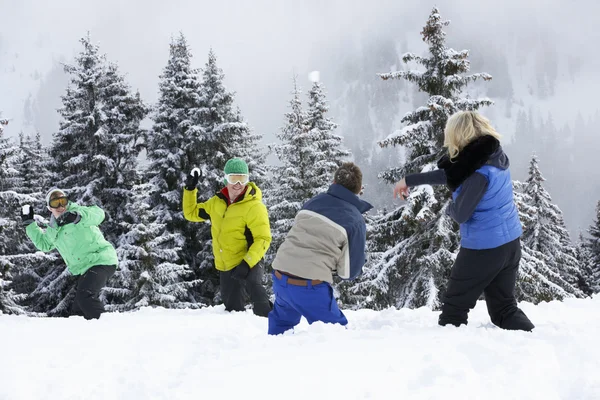 Grupo de jovens amigos tendo luta bola de neve em férias de esqui em M — Fotografia de Stock