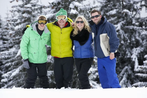Grupo de jovens amigos em férias de esqui em montanhas — Fotografia de Stock