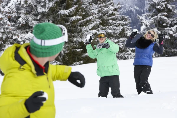 M のスキー休日に雪合戦を持っていることの若いお友達のグループ — ストック写真