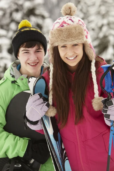Two Teenagers On Ski Holiday In Mountains — Stock Photo, Image