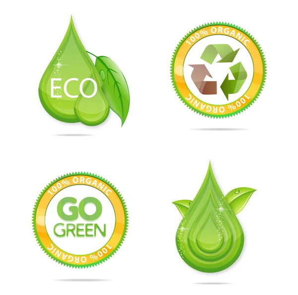 Conjunto de gotas y emblemas verdes Eco — Vector de stock