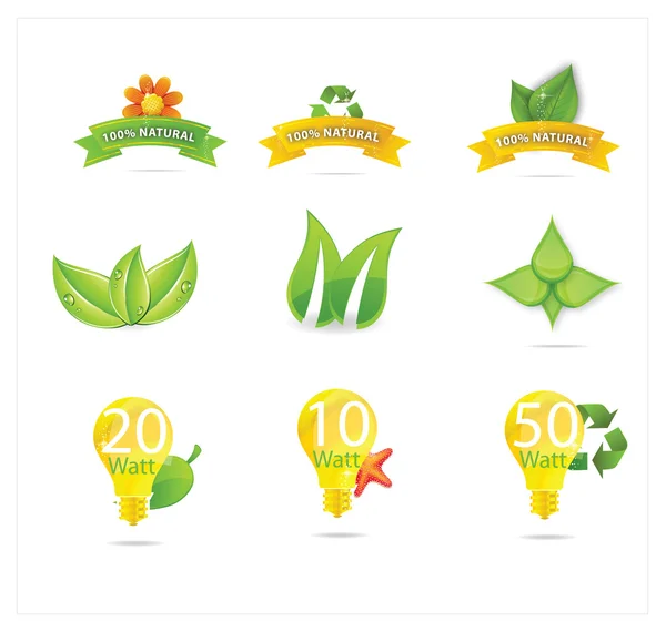 Groene eco bladeren en set symbolen — Stockvector
