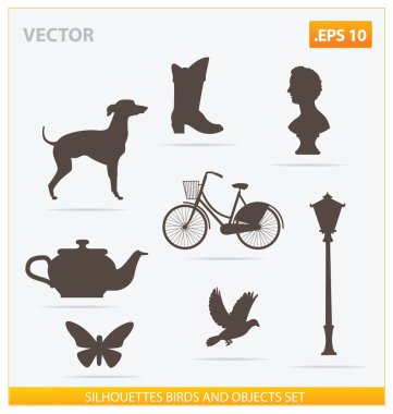 Silhouettes birds and objects set clipart