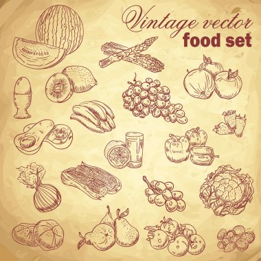 Vintage hand-drawn food set with fruit and vegetables clipart