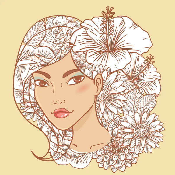 Atractiva joven sonriente con cabello floral — Archivo Imágenes Vectoriales