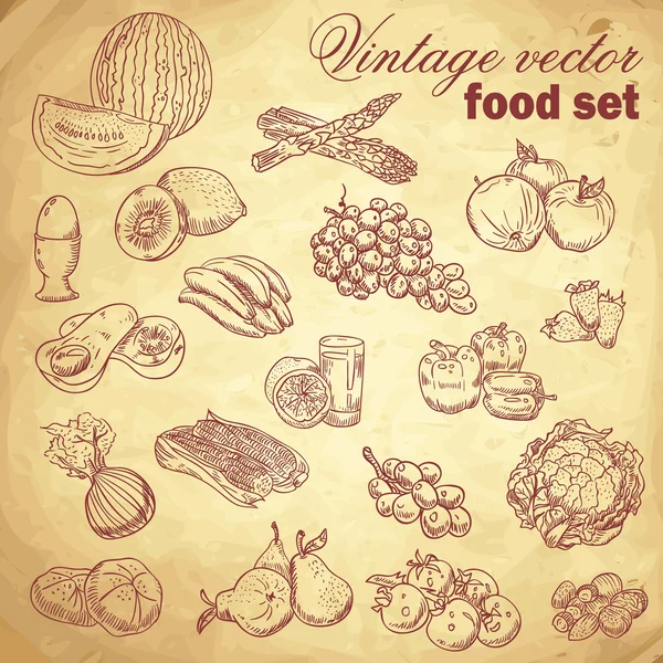 Set de alimentos elaborados a mano vintage con frutas y verduras — Vector de stock