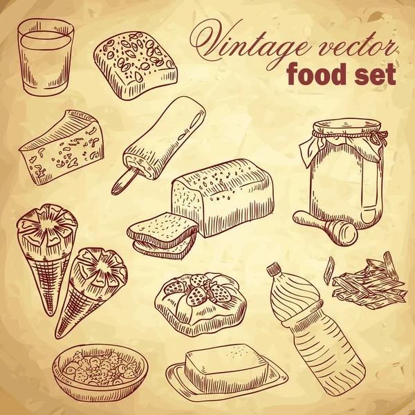Vintage cibo disegnato a mano insieme con varie cose gustose — Vettoriale Stock