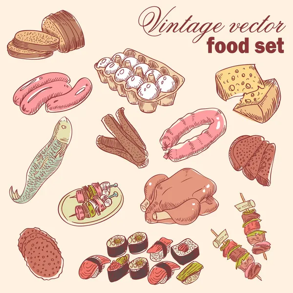 Set de alimentos elaborados a mano vintage — Vector de stock