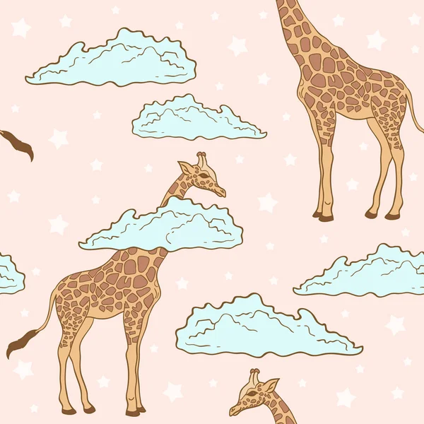 Cute giraffe in clouds seamless pattern — Stock Vector