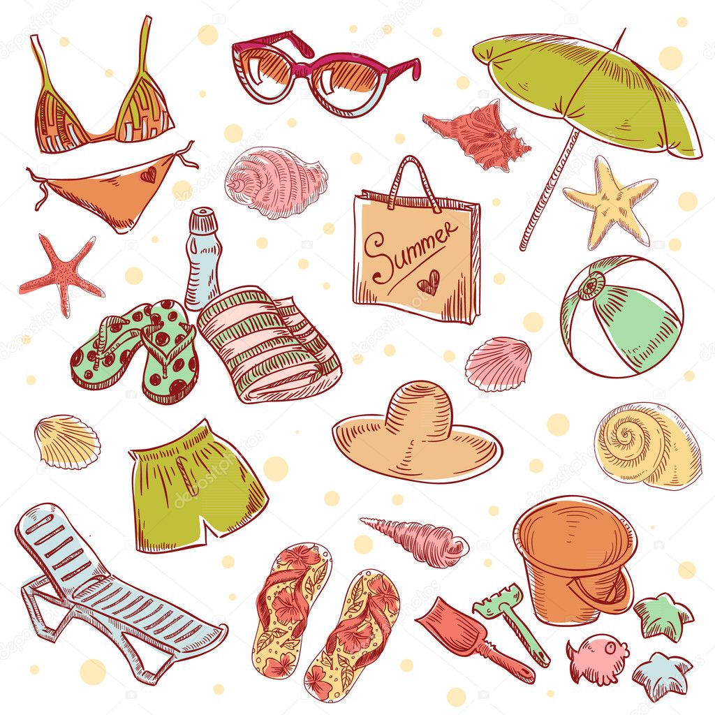 Hand drawn retro icons summer beach set on a paper background