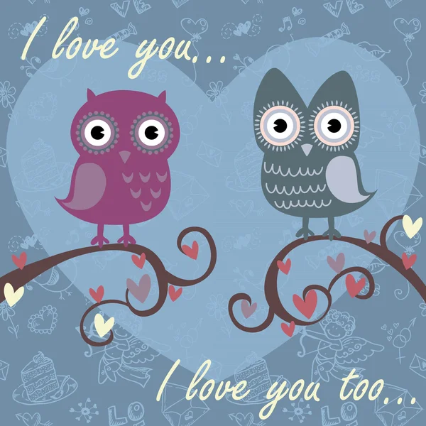 Valentine love card with owls and hearts — Stock Vector