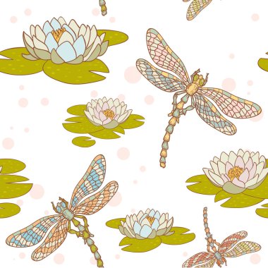 Dragonflies and water lilies seamless pattern clipart