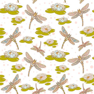 Dragonflies and water lilies seamless pattern clipart