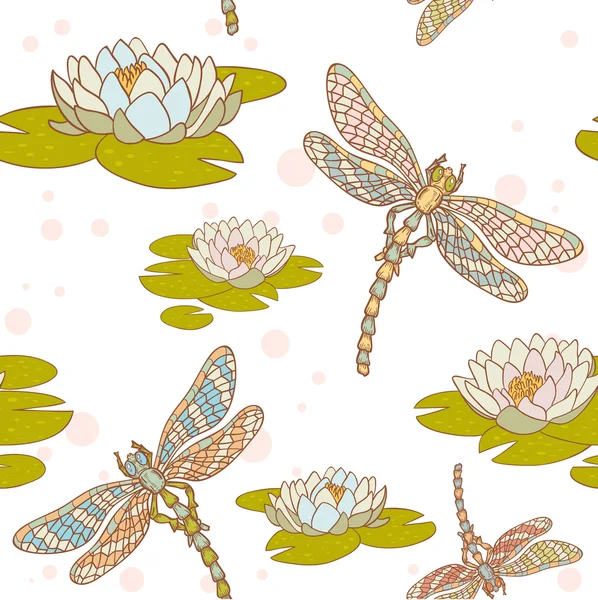 蜻蜓和水百合无缝模式 — 图库矢量图片